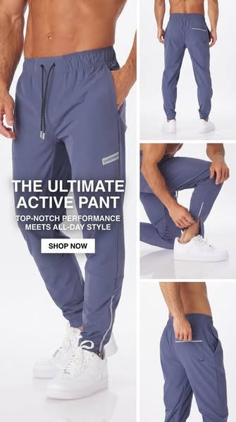 This ad promotes active pants, highlighting their suitability for both high-performance activities and everyday wear, ta