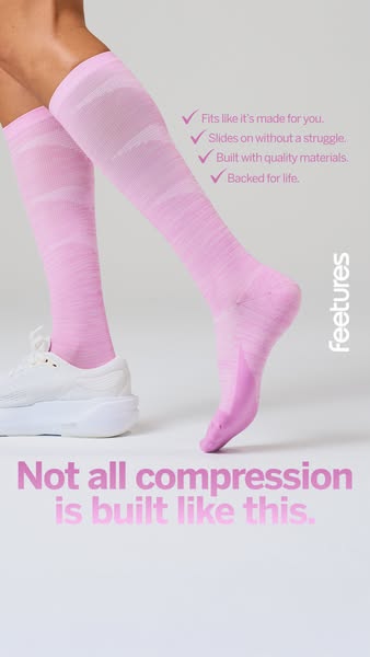 The image ad showcases compression socks, highlighting their comfortable fit, ease of wear, quality construction, and li