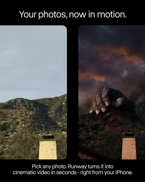 This ad promotes Runway, an app that turns photos into cinematic videos. It uses a before and after format, showing a st
