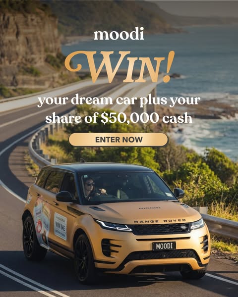 This ad promotes a Moodi sweepstakes where entrants can win their dream car plus a share of $50,000 cash.