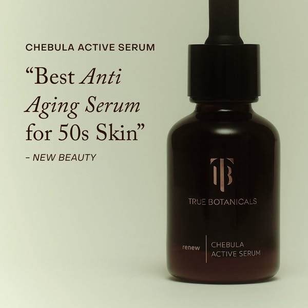 This ad highlights True Botanicals' Chebula Active Serum with an endorsement from New Beauty magazine, focusing on i