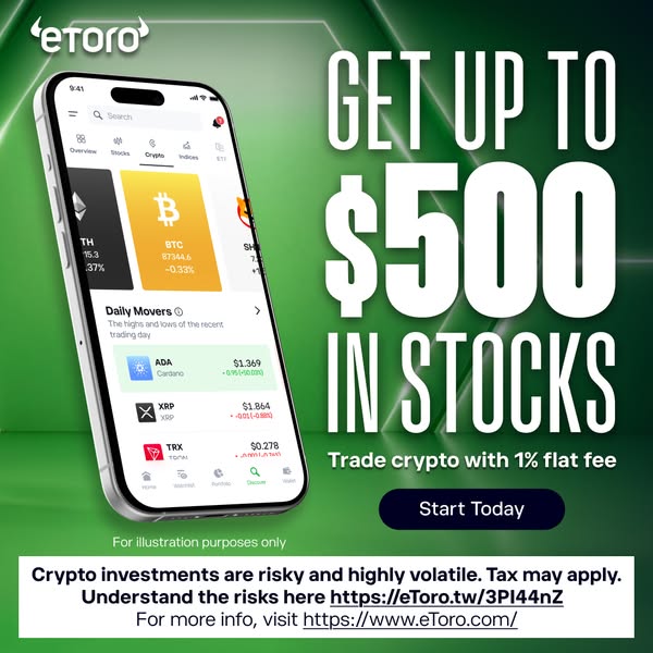 This image ad promotes eToro, an investment platform, offering up to $500 in stocks and highlighting a 1% flat fee for c