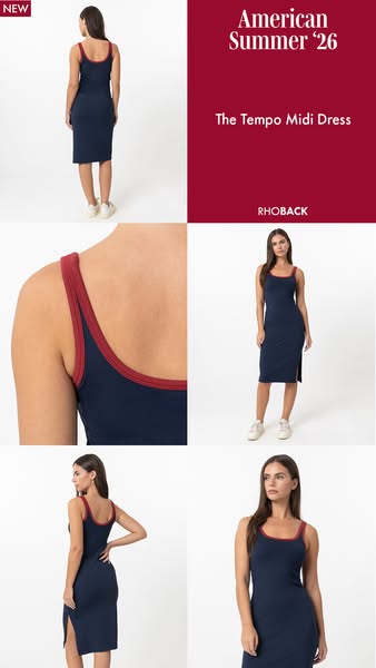 This ad showcases a navy midi dress with maroon accents from the brand Rhoback. The ad uses four different angles of the
