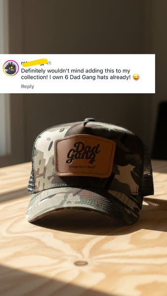 This ad uses an Instagram comment as social proof for Dad Gang hats. The commenter mentions owning six Dad Gang hats alr