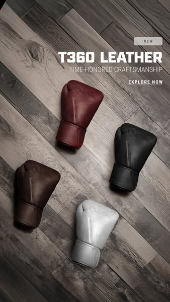 An advertisement showcasing a variety of leather boxing gloves on a wood surface.