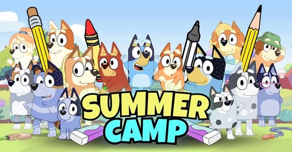 This ad promotes Bluey Summer Camp, featuring the characters from the animated children's show Bluey.