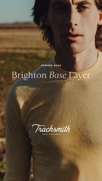This ad showcases Tracksmith's Brighton Base Layer, highlighting its release for Spring 2026. It features a medium s