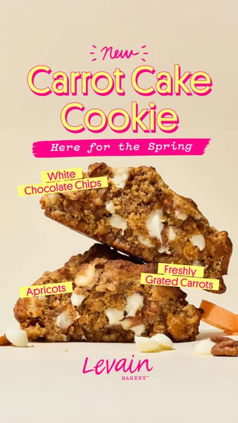 This image ad for Levain Bakery promotes their new Carrot Cake Cookie for spring. The ad showcases a close-up of the coo