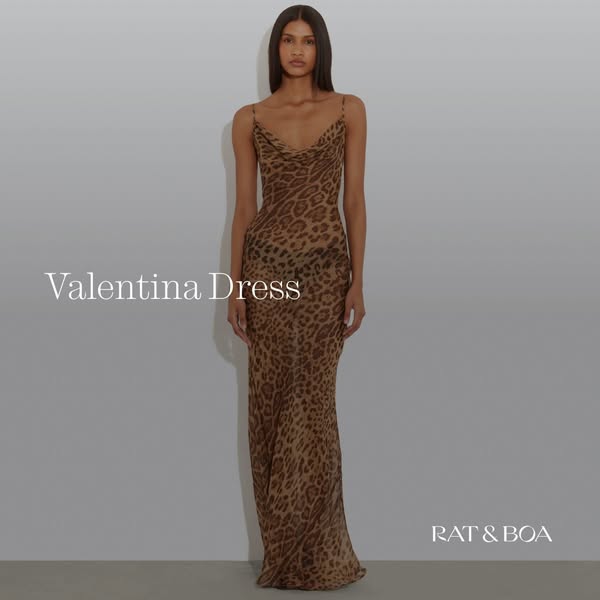 This ad showcases the Valentina Dress from RAT & BOA. The ad features a model wearing the dress against a neutral ba
