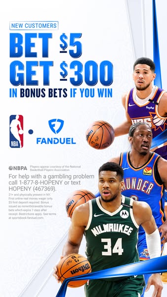 This ad from Fanduel promotes a betting offer for new customers. The ad features basketball players and basketballs.