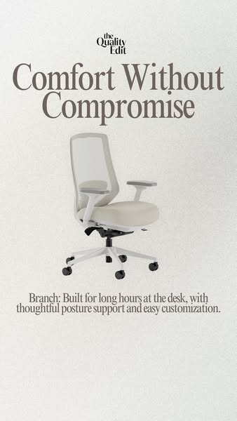 This is an image ad for the Branch office chair. The ad highlights its comfort, posture support, and easy customization.