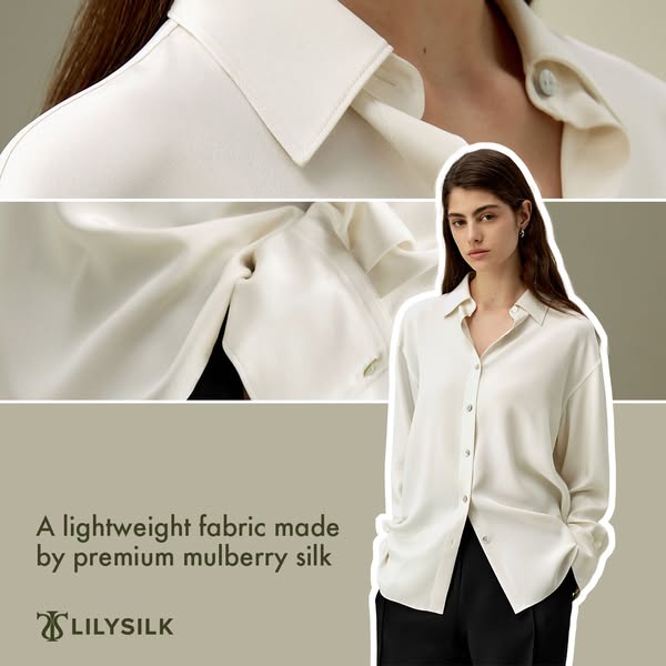 This ad for LILYSILK features a woman wearing a white silk shirt. The ad highlights the lightweight fabric made from pre