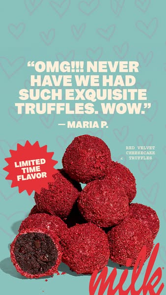 This image ad for Milk Bar promotes their Red Velvet Cheesecake Truffles, a limited-time flavor. It features a customer 