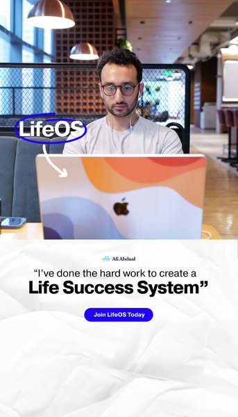 This image ad promotes LifeOS, a life success system created by Ali Abdaal. The ad features a testimonial from Ali Abdaa