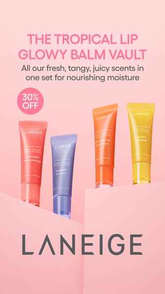 This ad promotes Laneige's Tropical Lip Glowy Balm Vault, highlighting the fresh, tangy, and juicy scents available 