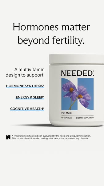 An image ad for Needed Peri Multi, a multivitamin designed to support hormone synthesis, energy and sleep, and cognitive