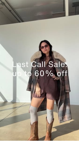 This image ad promotes a sale of up to 60% off. It features a woman wearing a brown romper, knee-high socks, cowboy boot