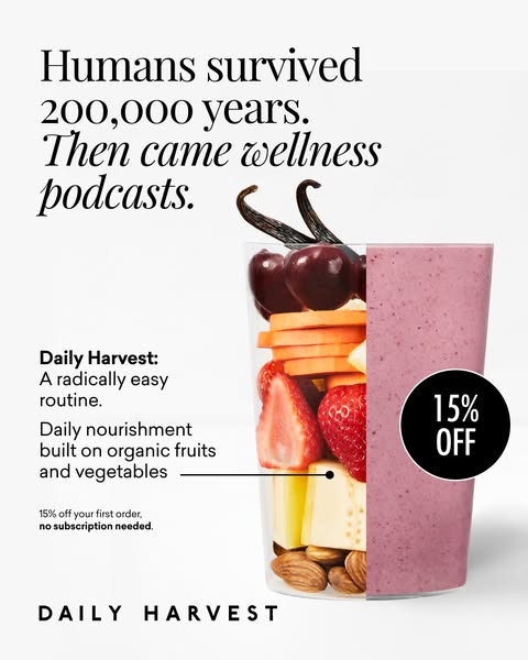 This Daily Harvest ad humorously addresses the challenges of maintaining a healthy lifestyle in the age of overwhelming 