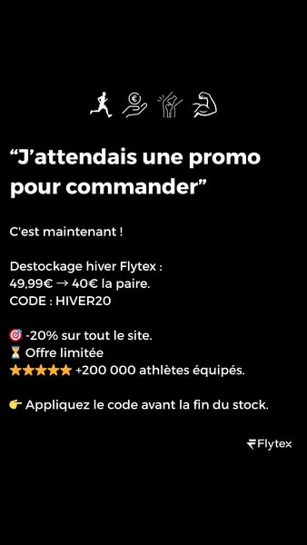 The ad is for Flytex winter stock clearance with a discount on all items. It uses a customer quote to promote the offer 