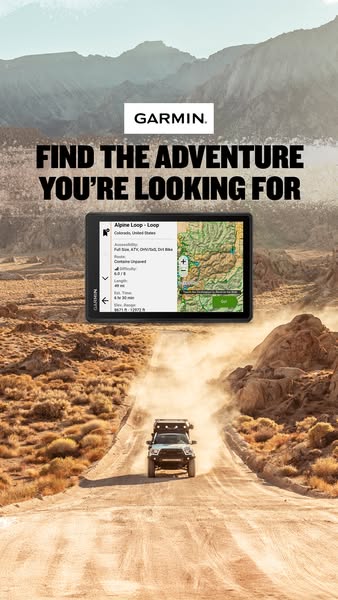 This ad for Garmin promotes their GPS device for off-roading and overlanding. The ad features a vehicle driving on a dir