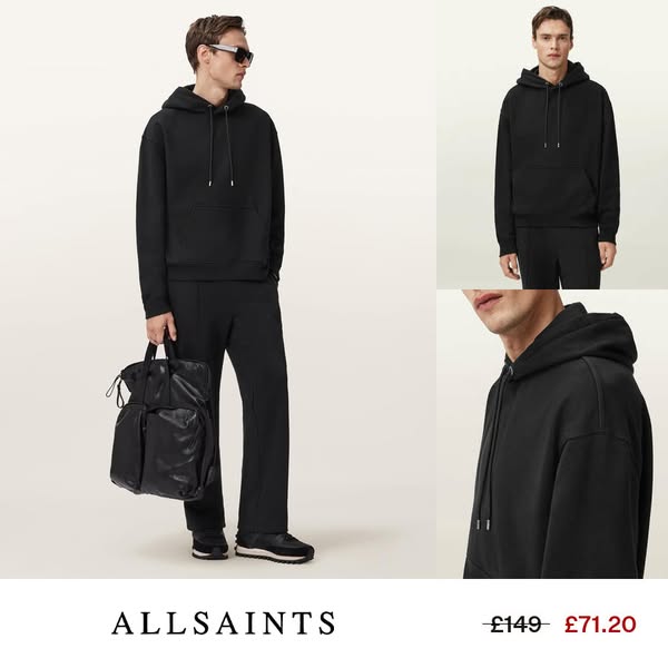 This ad showcases a black hoodie and matching pants from AllSaints, emphasizing the brand's modern and minimalist st