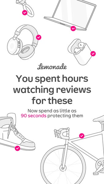 This ad for Lemonade uses a white background with black line drawings of several valuable objects. Each of these objects