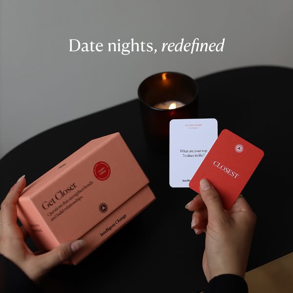 This image ad features the Intelligent Change 'Get Closer' card game. The ad displays the box with the game, alo