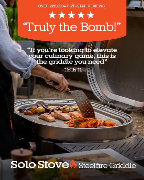This ad features a Solo Stove Steelfire Griddle and includes a testimonial from a customer, Hollis H., who says, "I