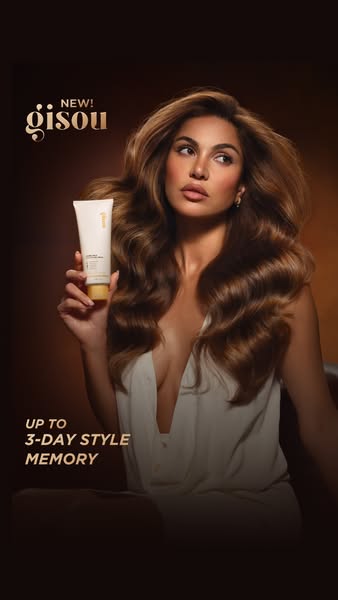 This ad showcases Gisou's new product, a hair styling cream, and highlights its ability to maintain a hairstyle for 
