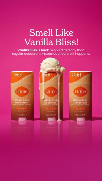 This ad for Lume's Vanilla Bliss whole body deodorant features three products lined up on a pink surface with a scoo