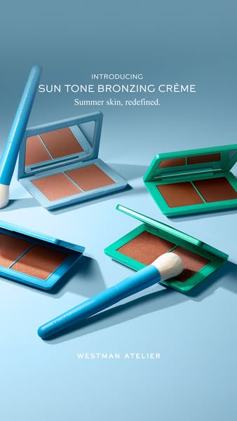 This ad showcases Westman Atelier's Sun Tone Bronzing Crème with an emphasis on achieving summer skin. The ad featur