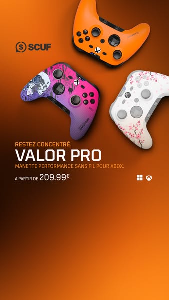 This ad showcases the Scuf Valor Pro wireless Xbox controller, highlighting its performance and design. It targets gamer