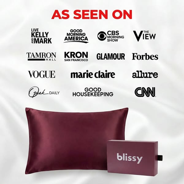 This ad showcases the Blissy brand silk pillowcase. The ad highlights press mentions to build trust and signal the produ
