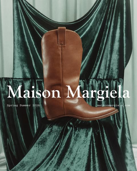 This ad for Maison Margiela features a single cowboy boot against a draped velvet background, promoting their Spring Sum