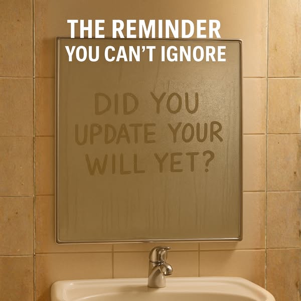 This ad uses a bathroom mirror with condensation to remind the viewer to update their will.
