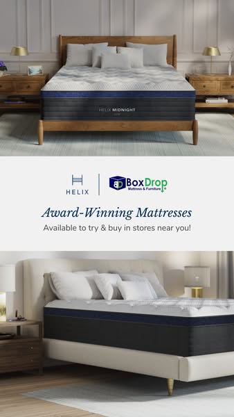 This image ad for Helix mattresses features an award announcement and promotes the ability to try and buy in nearby stor