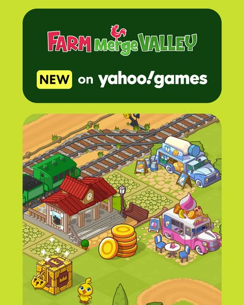 The ad promotes the mobile game Farm Merge Valley, emphasizing its availability on Yahoo! Games. The creative showcases 