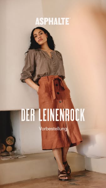 This ad showcases the linen skirt by Asphalté, highlighting its style and offering a pre-order option.