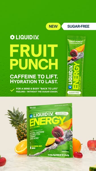This image ad for Liquid I.V. Energy Multiplier in Fruit Punch flavor highlights the drink's caffeine and hydration 