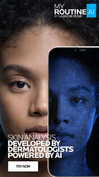 This ad for La Roche-Posay features a split screen of a woman's face and a digital rendering of her face on a phone 