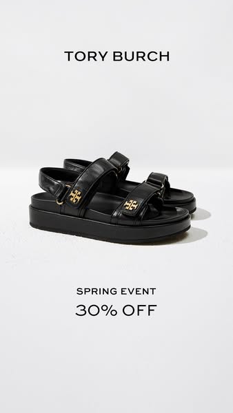 This image ad for Tory Burch promotes a spring event with 30% off. The focus is on a pair of black, platform sandals.