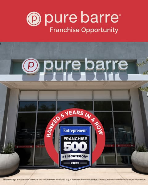 This image ad for Pure Barre promotes franchise opportunities. The visual features the exterior of a Pure Barre studio w