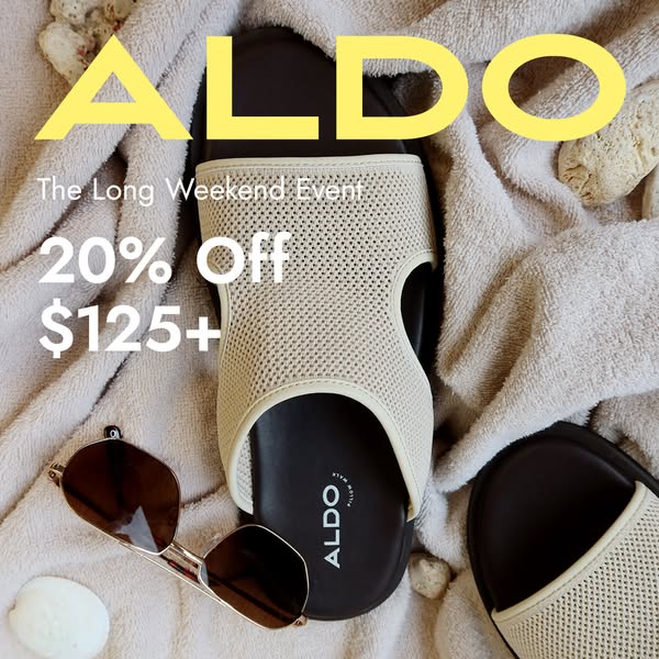 The ad promotes Aldo shoes, specifically, slide sandals, as part of their Long Weekend Event. The ad offers a discount o