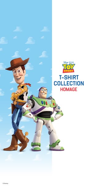 This ad promotes the Toy Story T-shirt collection. The ad is split into two halves, with Toy Story characters on one sid
