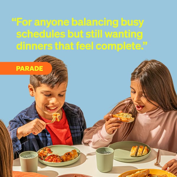 This image ad features an overhead shot of a family enjoying their Parade dinners. The headline reads, "For anyone 