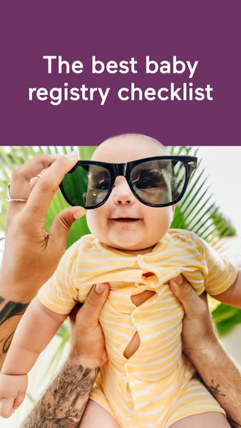 This ad features a baby being held up with sunglasses being placed on their face. The ad is for a baby registry checklis