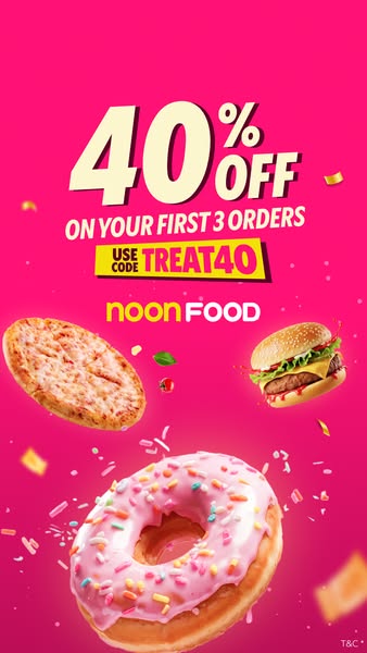 This ad for noon FOOD offers a 40% discount on the first three orders with a promo code. The ad features a pizza, a burg