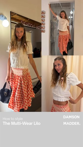 This image ad shows one model in three different poses to showcase the multiple ways the "Multi-Wear Lilo" dre