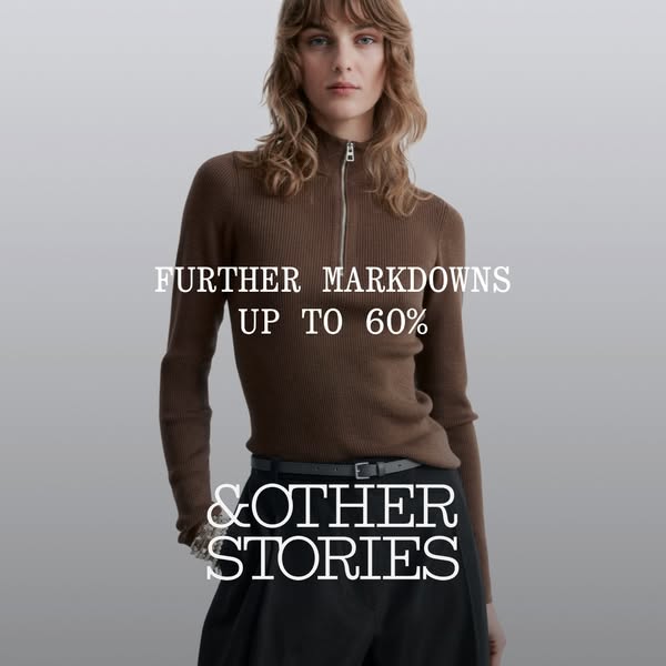 This ad showcases clothing items from & Other Stories. A model wears a ribbed, brown, mock neck sweater, belted at t