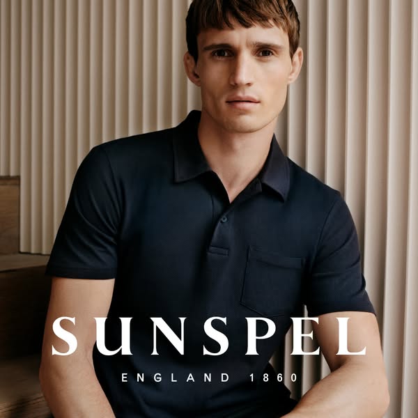 This ad features a man wearing a polo shirt with the brand name and year of establishment below him in the lower center.